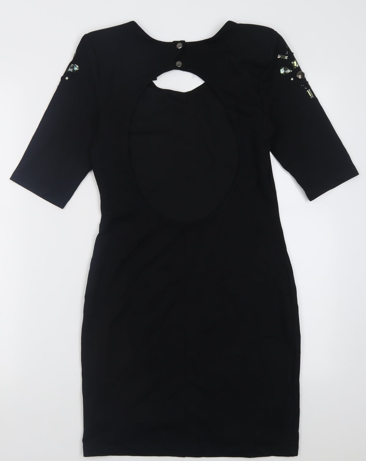 H&M Womens Black Fair Isle Viscose Bodycon  Size 8  Crew Neck Button - Open back