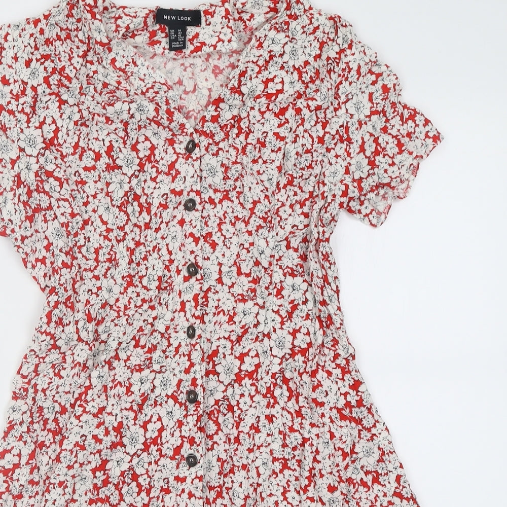 New Look Womens Red Floral Viscose A-Line  Size 14  V-Neck Button