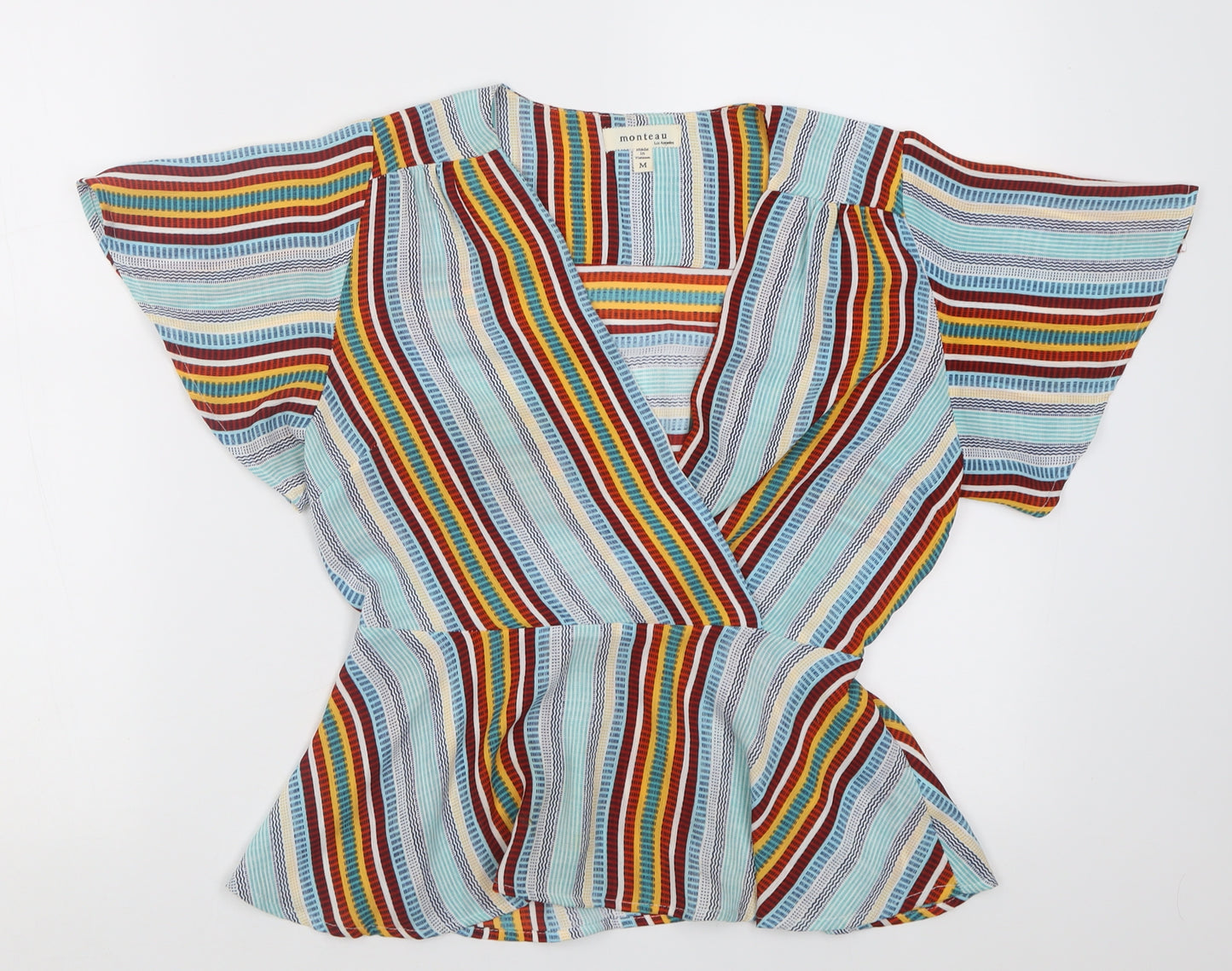 Monteau Womens Multicoloured Striped Polyester Wrap Blouse Size M V-Neck