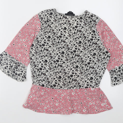 Wednesday Girl Womens Pink Floral Polyester Basic Blouse Size XS V-Neck