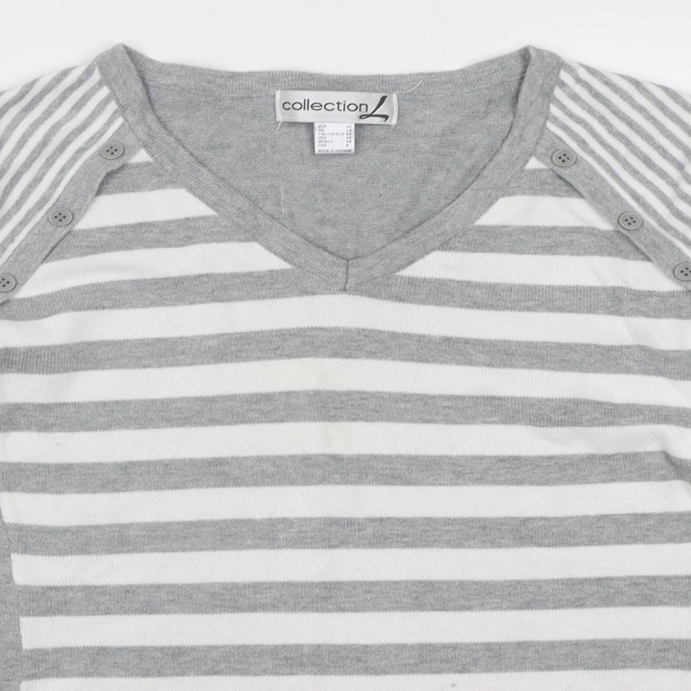 collection l Womens Grey V-Neck Striped Cotton Pullover Jumper Size 14