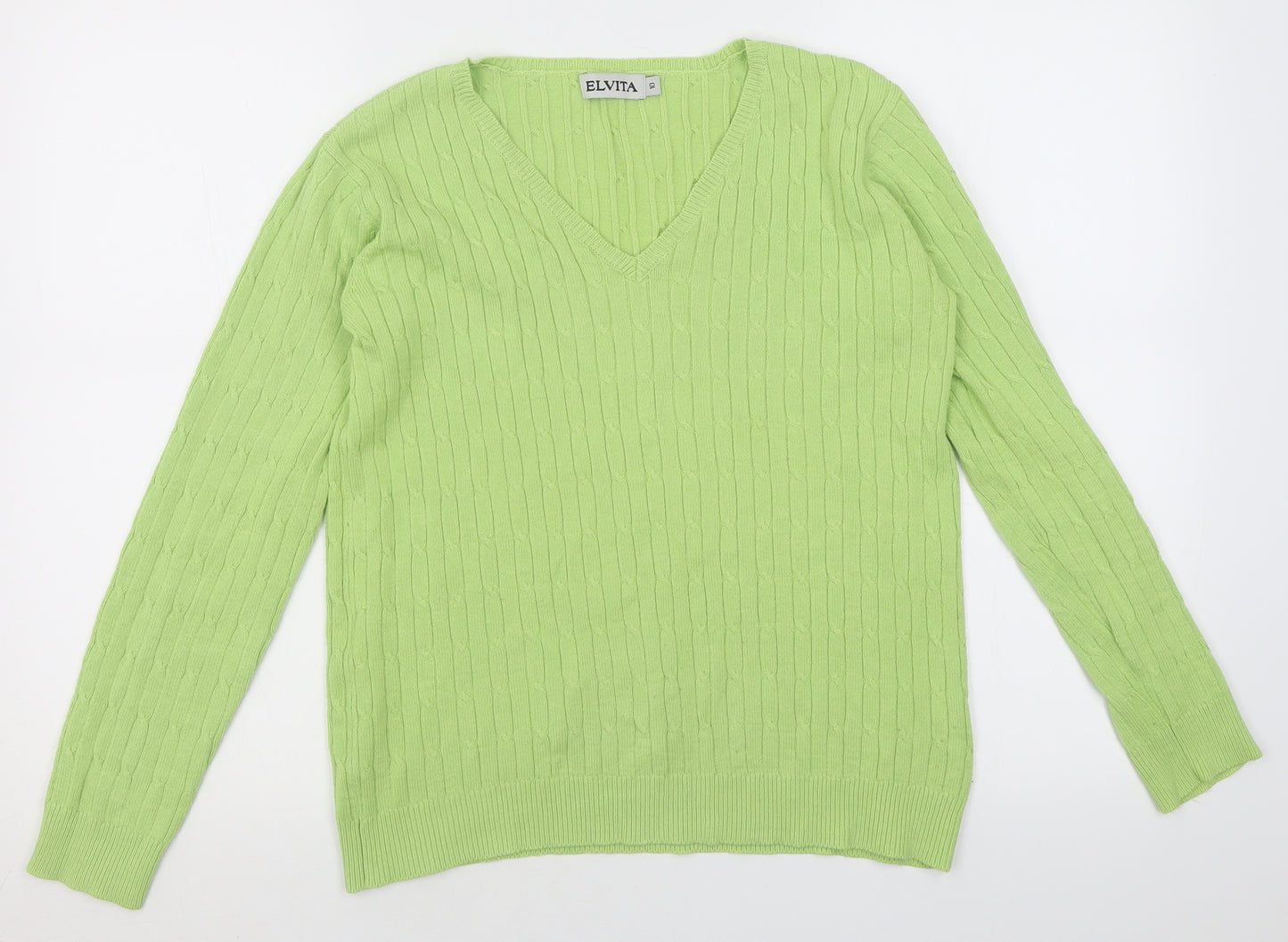 elvita Womens Green V-Neck  Cotton Pullover Jumper Size 10