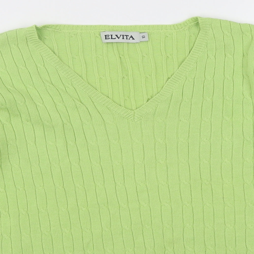 elvita Womens Green V-Neck  Cotton Pullover Jumper Size 10