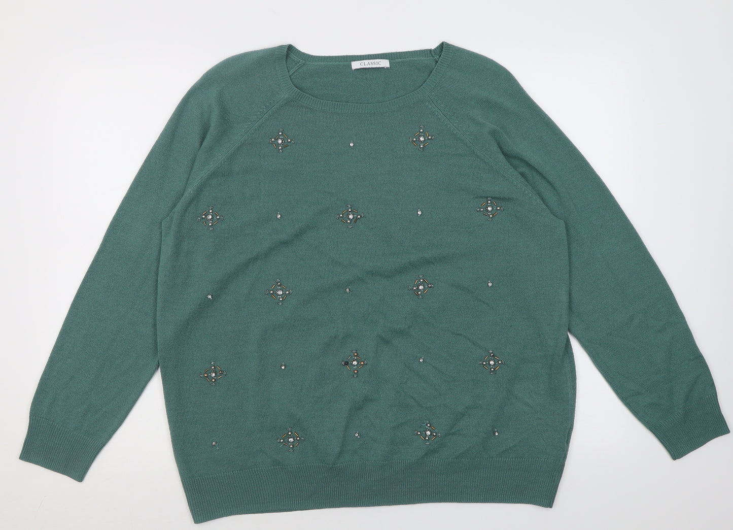 Classic Womens Green Crew Neck  Acrylic Pullover Jumper Size 18