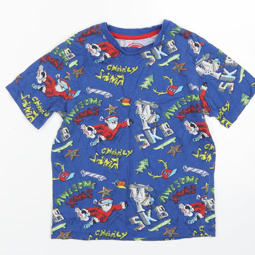 Blue Zoo Boys Blue Geometric Cotton Basic T-Shirt Size 6-7 Years Round Neck Pullover - Christmas