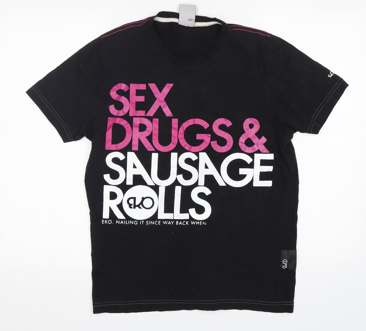 EKO Mens Black  Cotton  T-Shirt Size S Round Neck