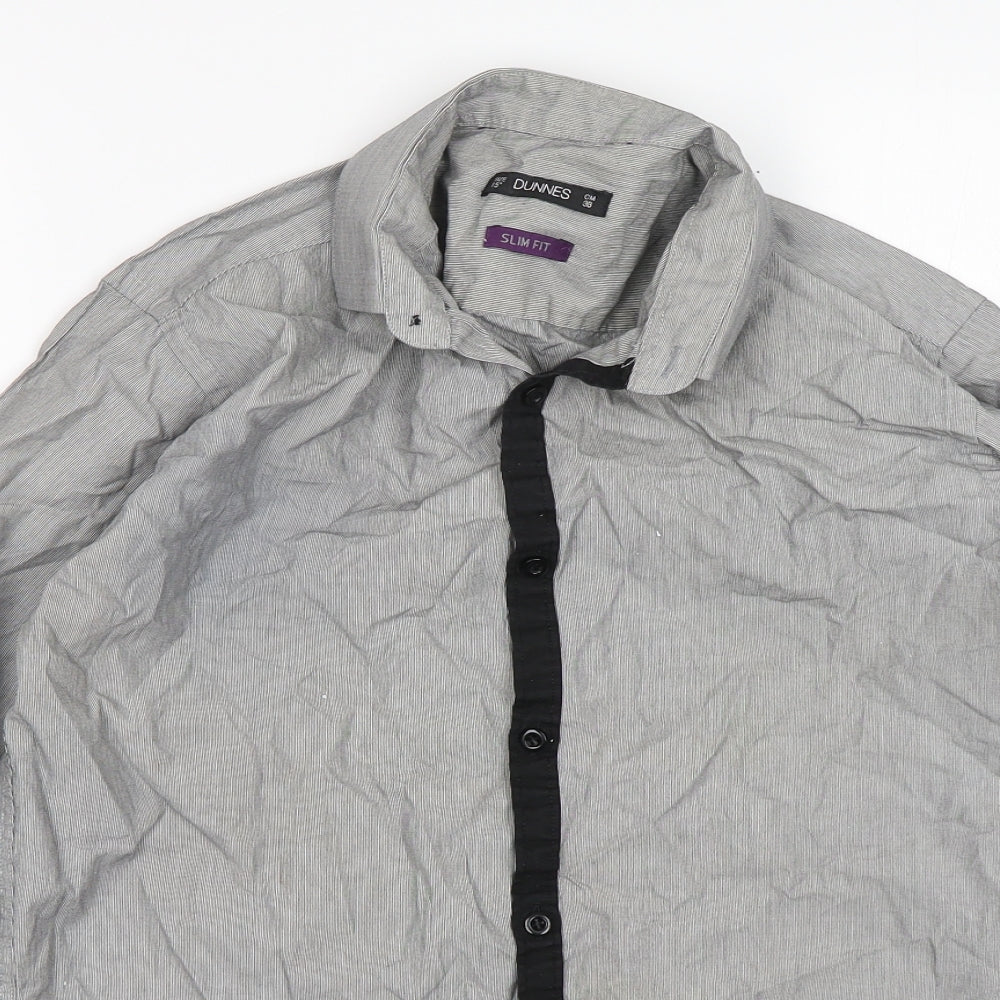 Dunnes Stores Mens Grey Striped Cotton  Dress Shirt Size 15 Collared Button
