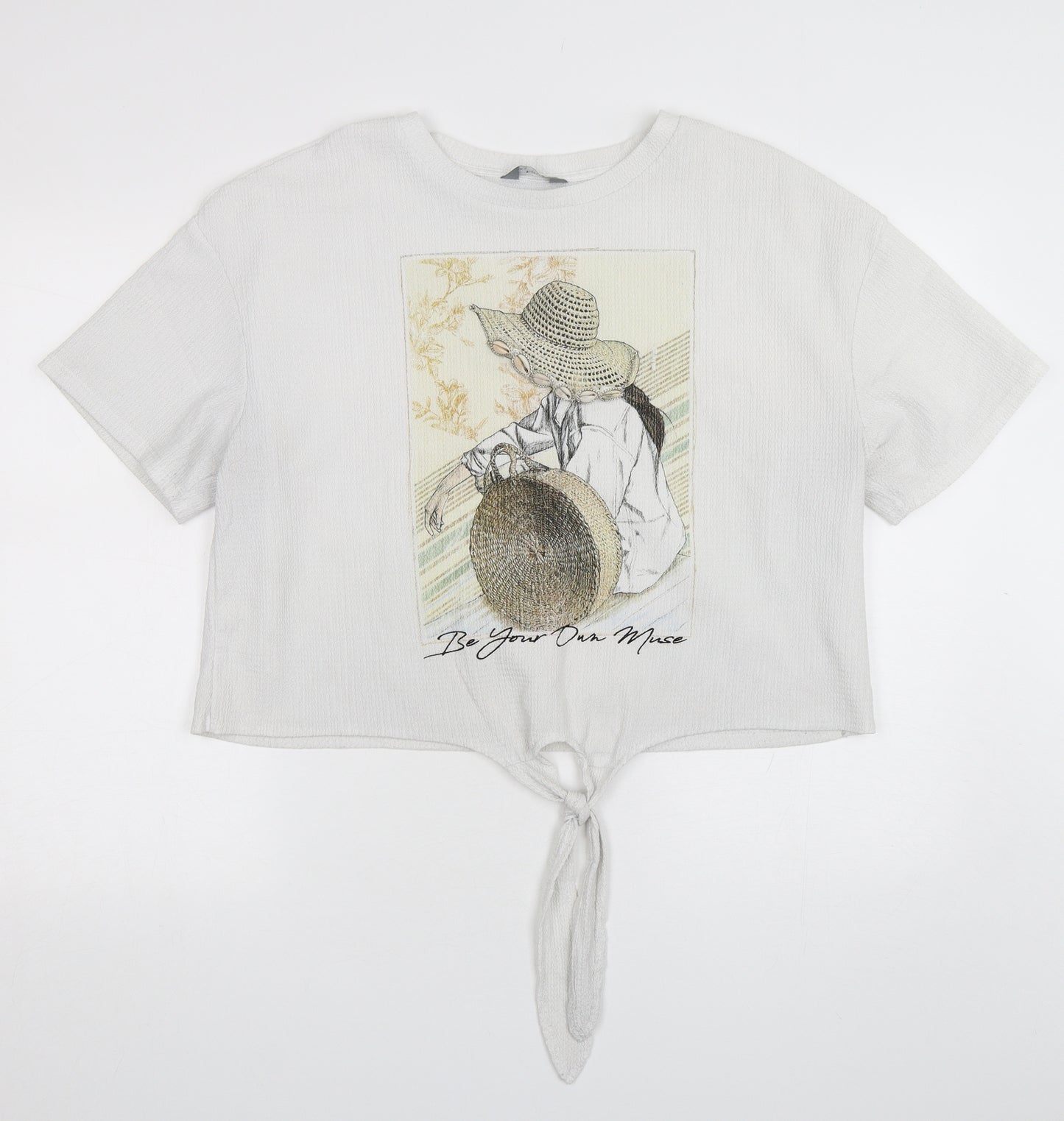 MAX Womens White  Polyester Cropped T-Shirt Size 14 Round Neck