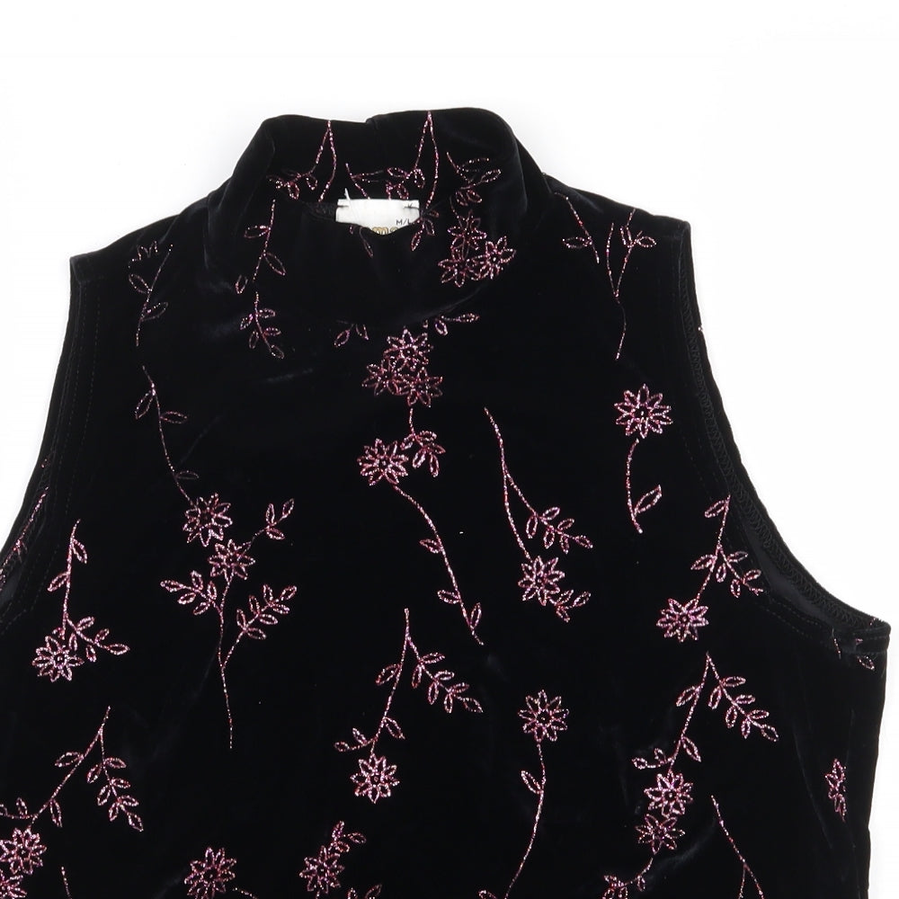 Roman Originals Womens Black Floral Polyester Jersey T-Shirt Size M High Neck