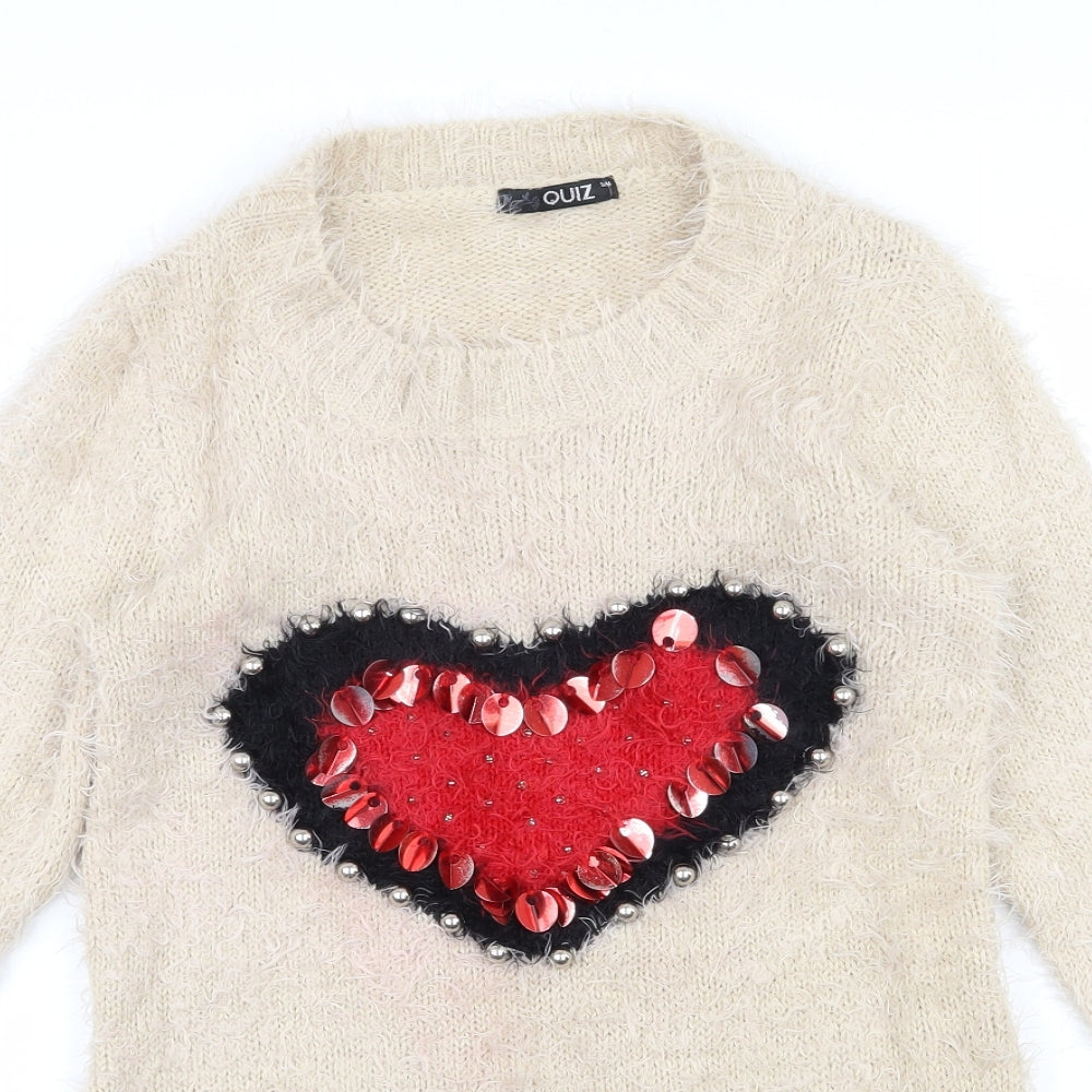 Quiz Womens Beige Round Neck  Polyester Pullover Jumper Size S