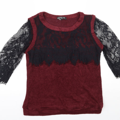 Vegas Womens Red Round Neck  Acrylic Pullover Jumper Size S   - Lace sleeves