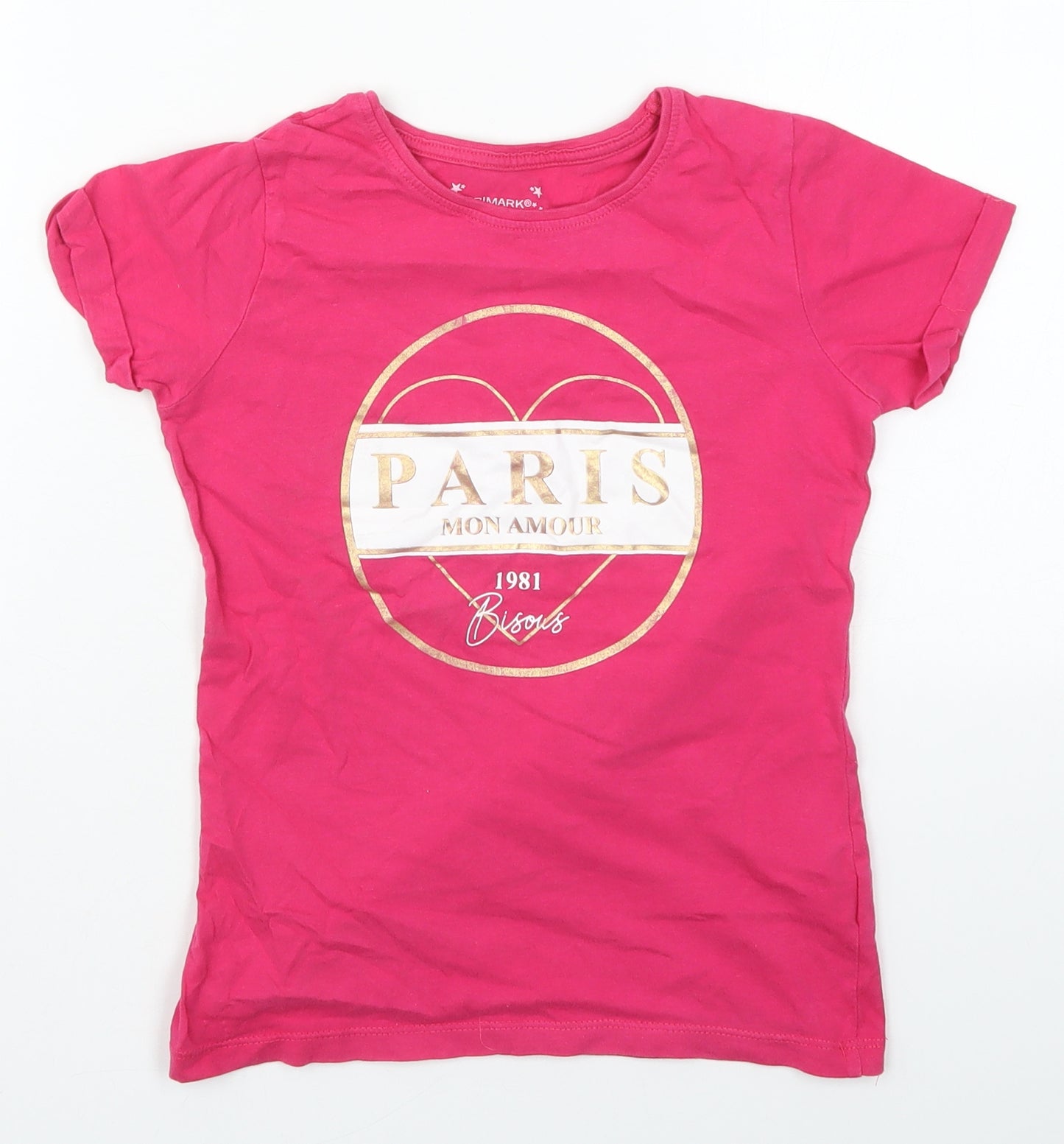 Primark Girls Pink  Cotton Basic T-Shirt Size 9-10 Years Crew Neck Pullover - Paris