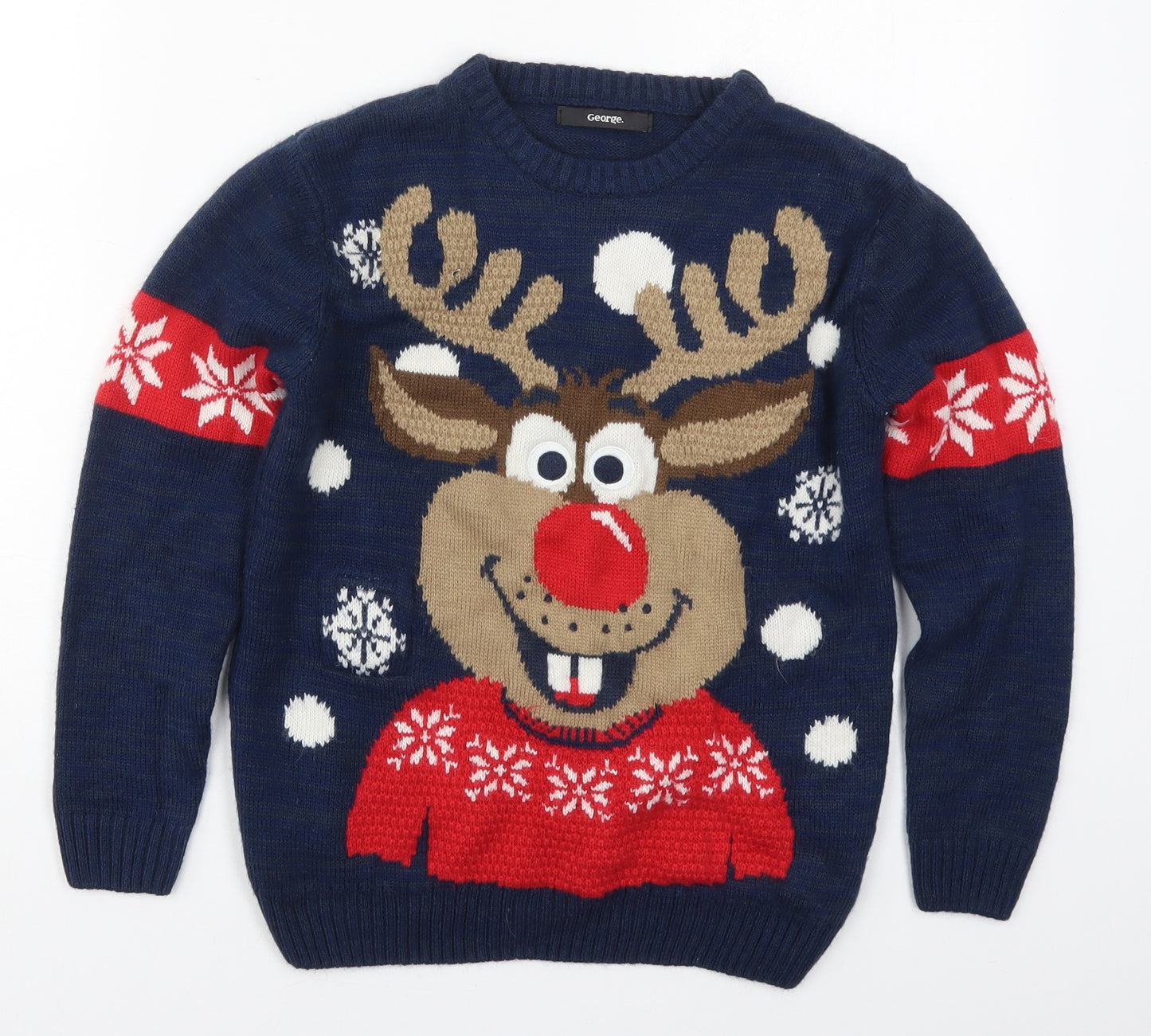 George Boys Blue Round Neck  Acrylic Pullover Jumper Size 10-11 Years  Pullover - Rudolph
