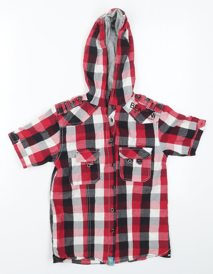 Benzini Boys Red Check Cotton Basic Button-Up Size S High Neck Button