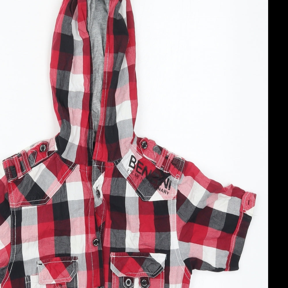 Benzini Boys Red Check Cotton Basic Button-Up Size S High Neck Button