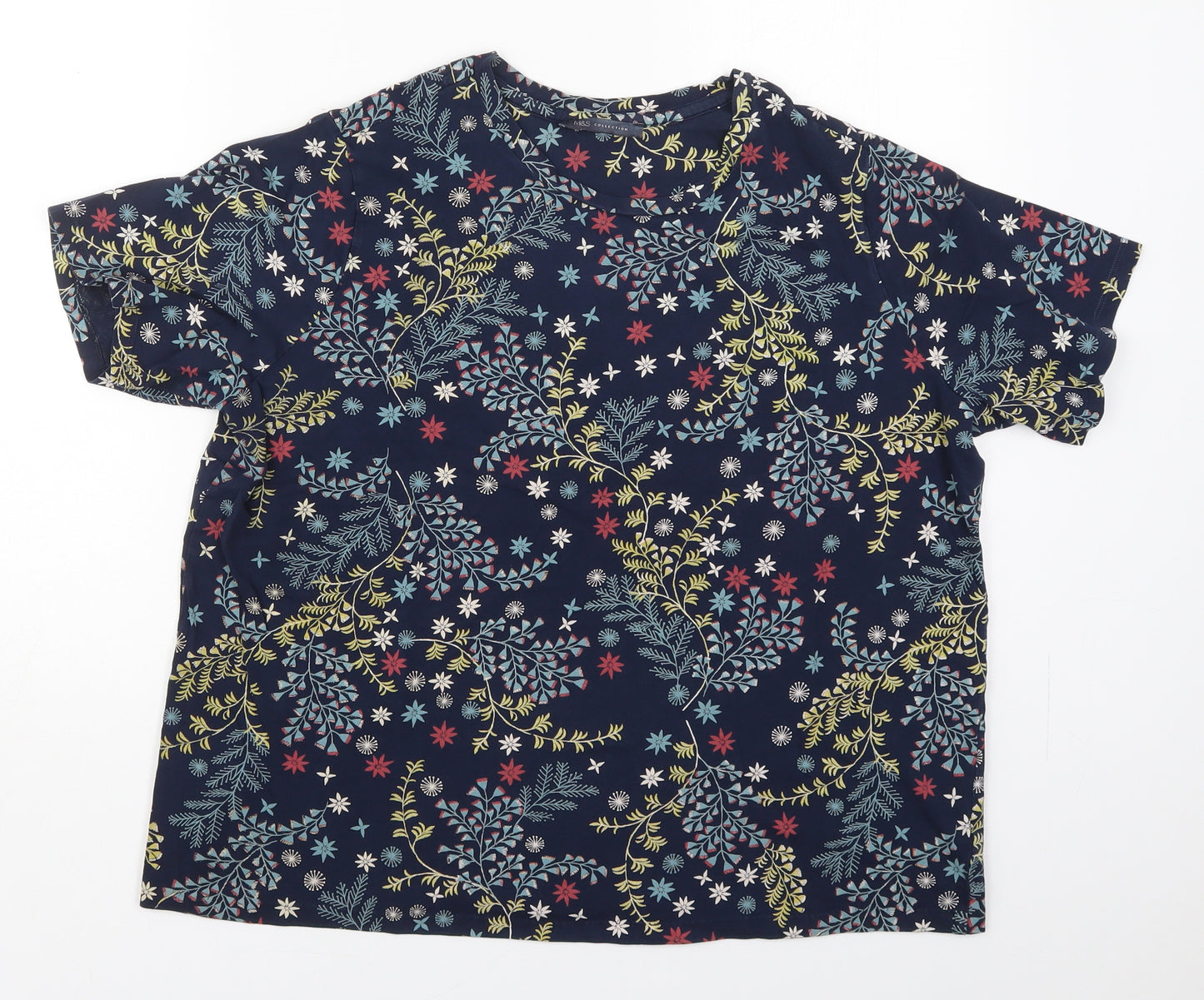 Marks and Spencer Womens Blue Floral Cotton Basic T-Shirt Size 18 Crew Neck