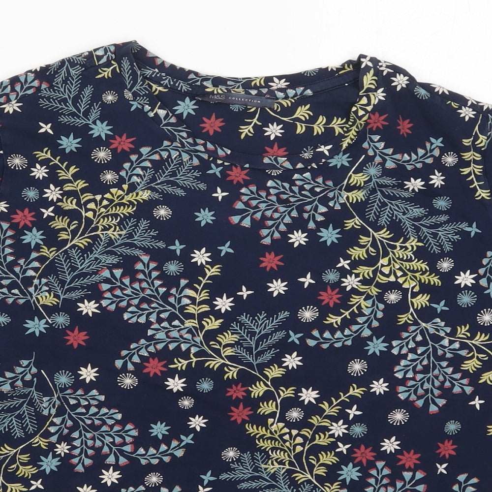 Marks and Spencer Womens Blue Floral Cotton Basic T-Shirt Size 18 Crew Neck