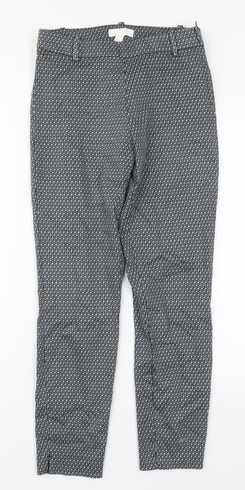 H&M Womens Blue Geometric Cotton Carrot Trousers Size 8 L27 in Regular Zip