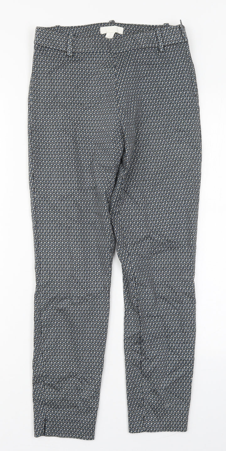 H&M Womens Blue Geometric Cotton Carrot Trousers Size 8 L27 in Regular Zip