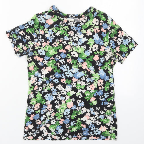 H&M Womens Green Floral Cotton Basic T-Shirt Size XS Crew Neck