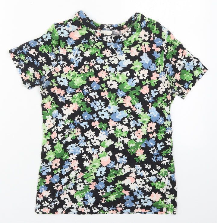 H&M Womens Green Floral Cotton Basic T-Shirt Size XS Crew Neck