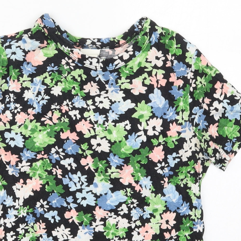 H&M Womens Green Floral Cotton Basic T-Shirt Size XS Crew Neck