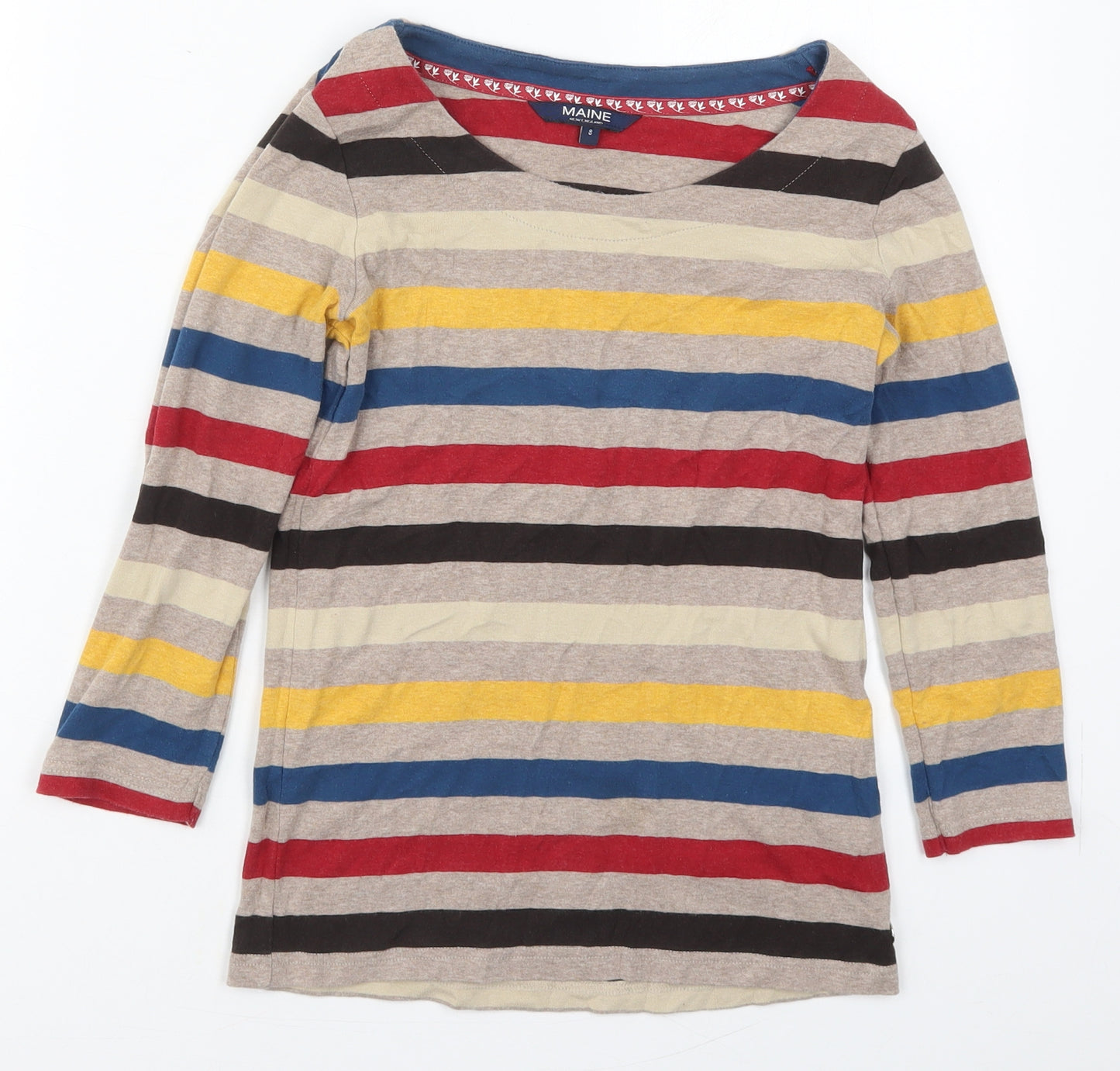 Maine Womens Beige Striped Cotton Basic T-Shirt Size 8 Round Neck - Red Blue and Yellow