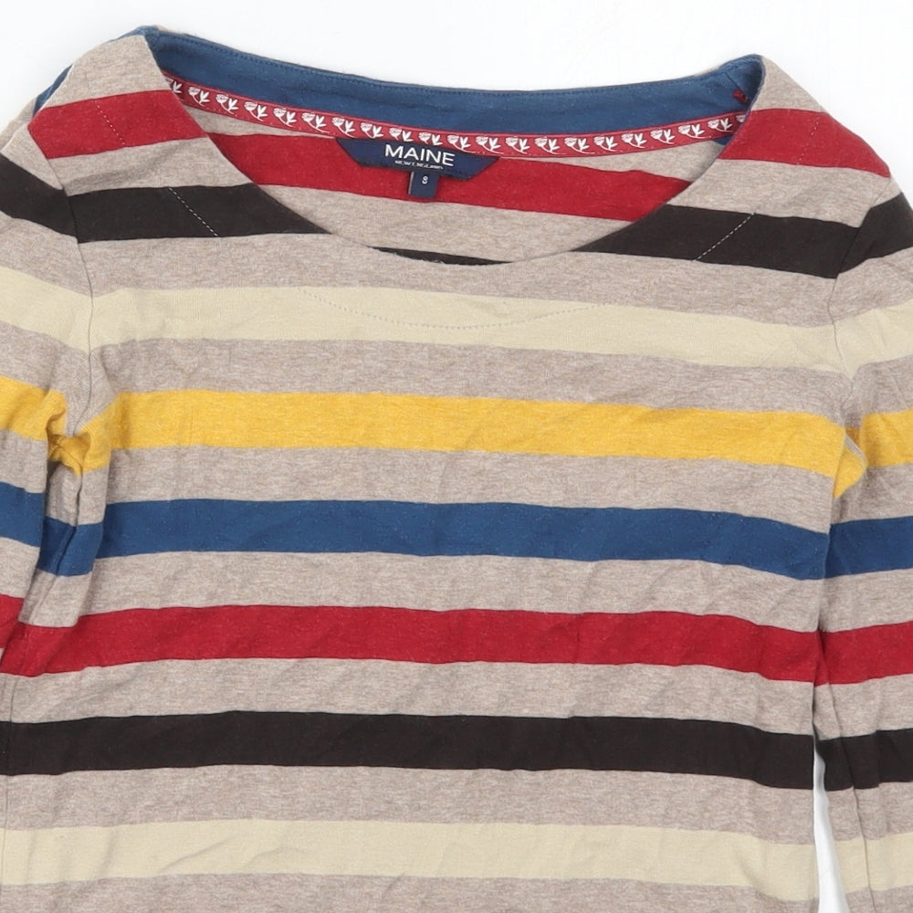 Maine Womens Beige Striped Cotton Basic T-Shirt Size 8 Round Neck - Red Blue and Yellow
