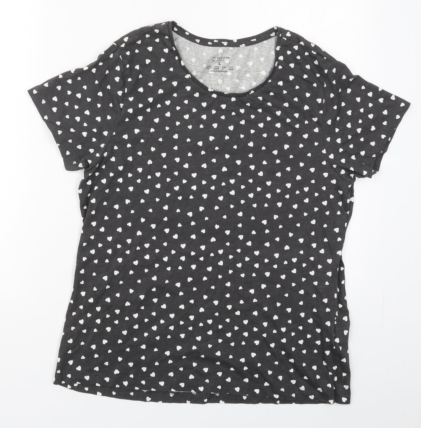 Primark Womens Grey Geometric Cotton Basic T-Shirt Size 14 Crew Neck - Hearts