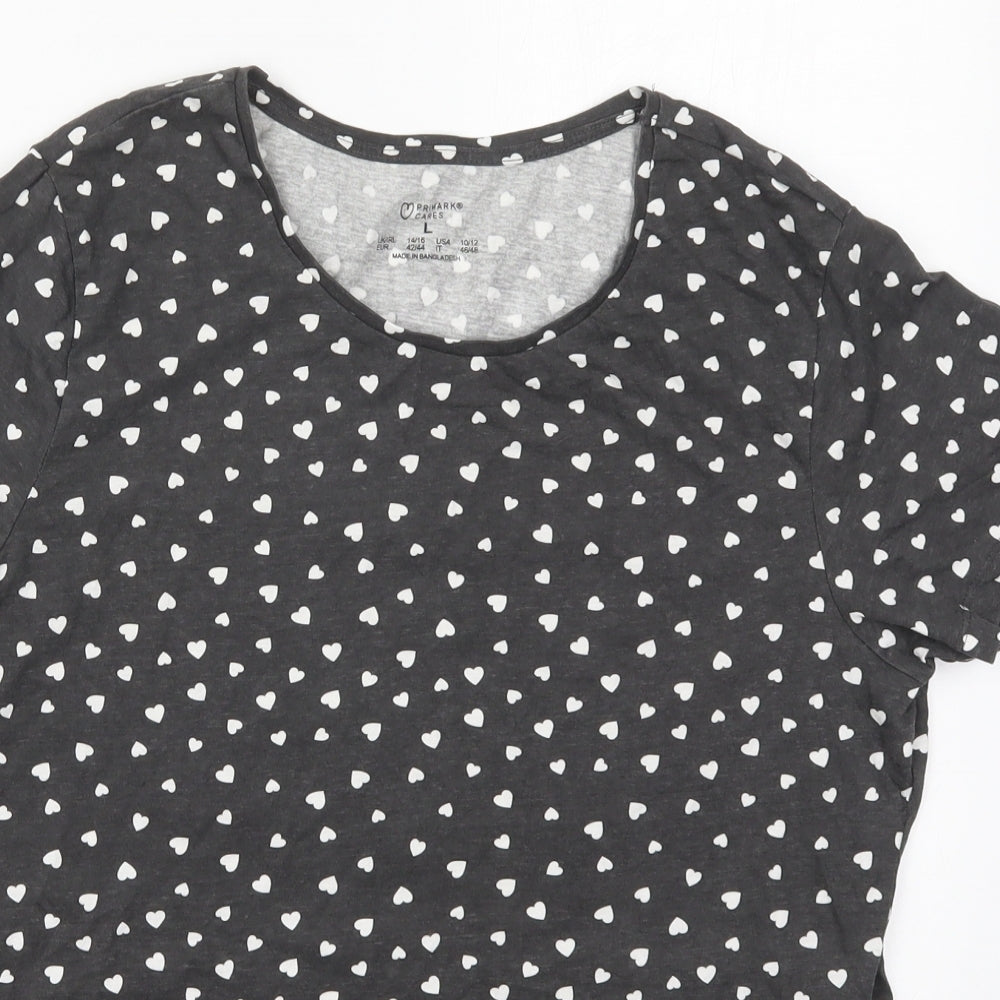 Primark Womens Grey Geometric Cotton Basic T-Shirt Size 14 Crew Neck - Hearts