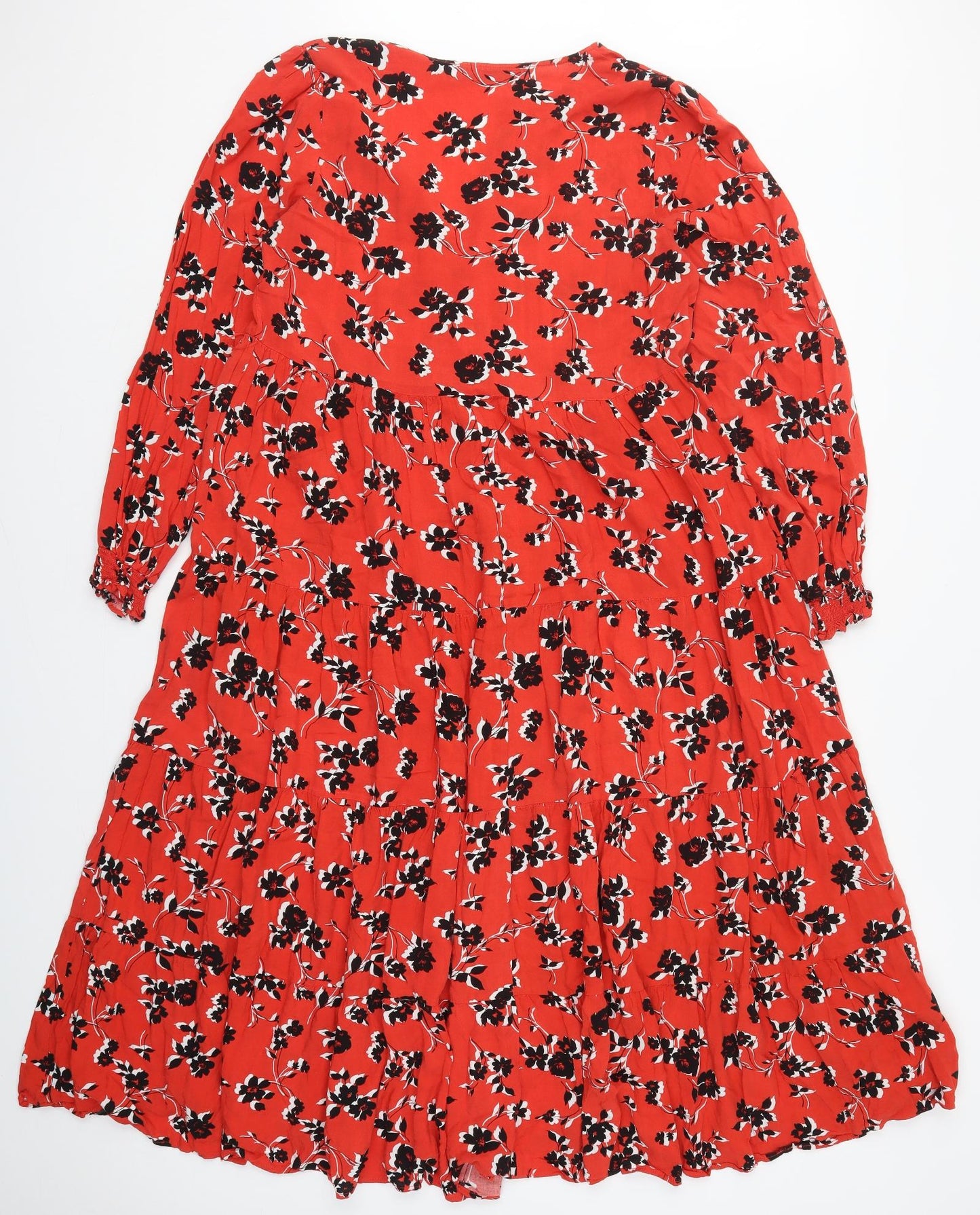 Zara Womens Red Floral Viscose Trapeze & Swing  Size L  V-Neck Pullover
