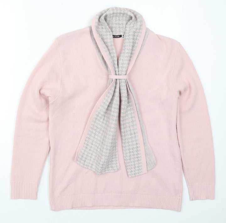 Mia Moda Womens Pink Collared Houndstooth Acrylic Pullover Jumper Size S
