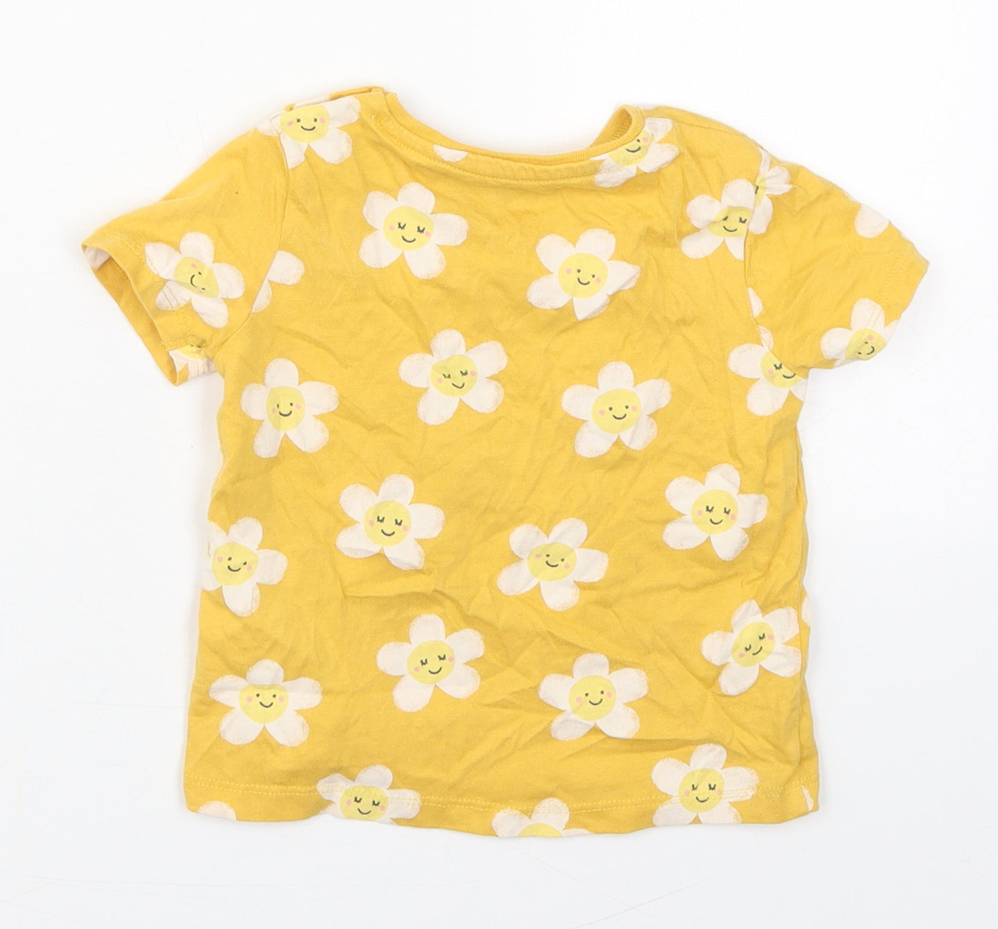 F&F Girls Yellow Floral Cotton Basic T-Shirt Size 18-24 Months Crew Neck Pullover