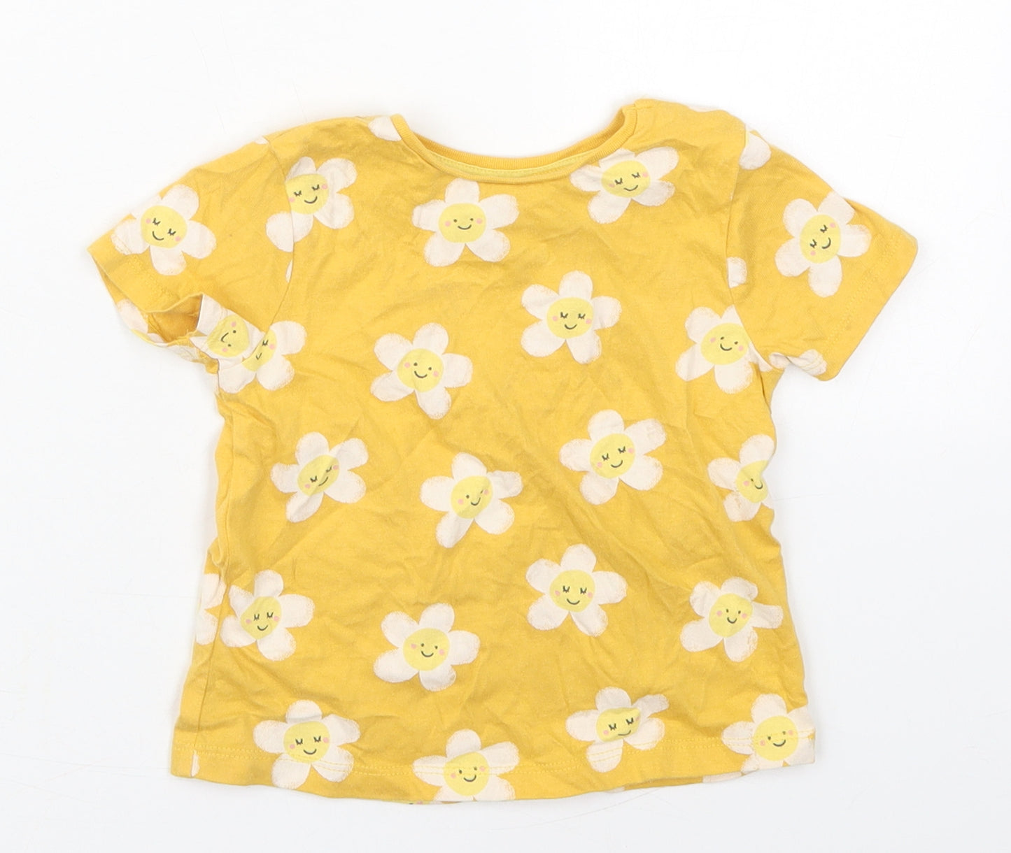 F&F Girls Yellow Floral Cotton Basic T-Shirt Size 18-24 Months Crew Neck Pullover