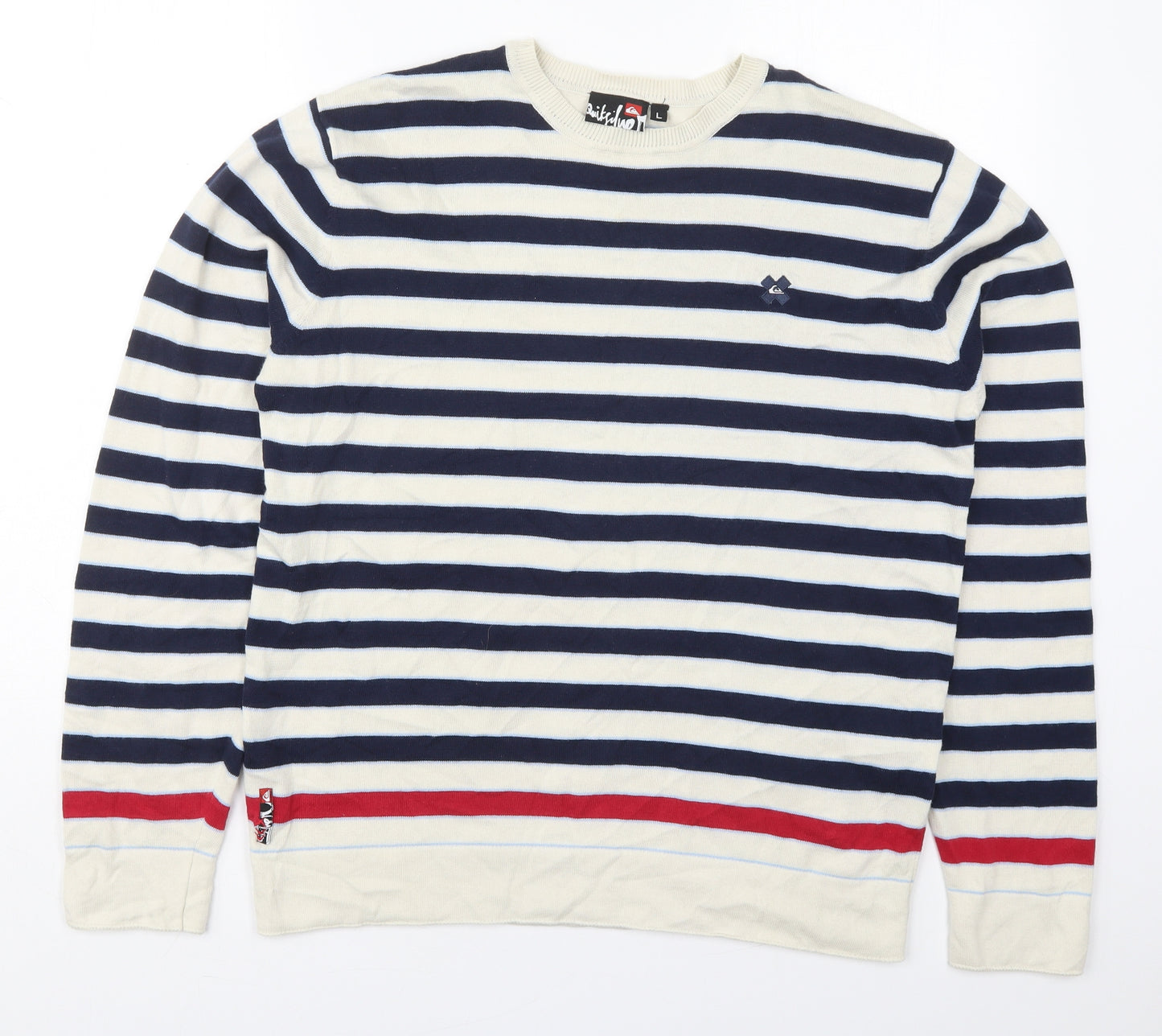 Quiksilver Mens Blue Round Neck Striped Cotton Pullover Jumper Size L