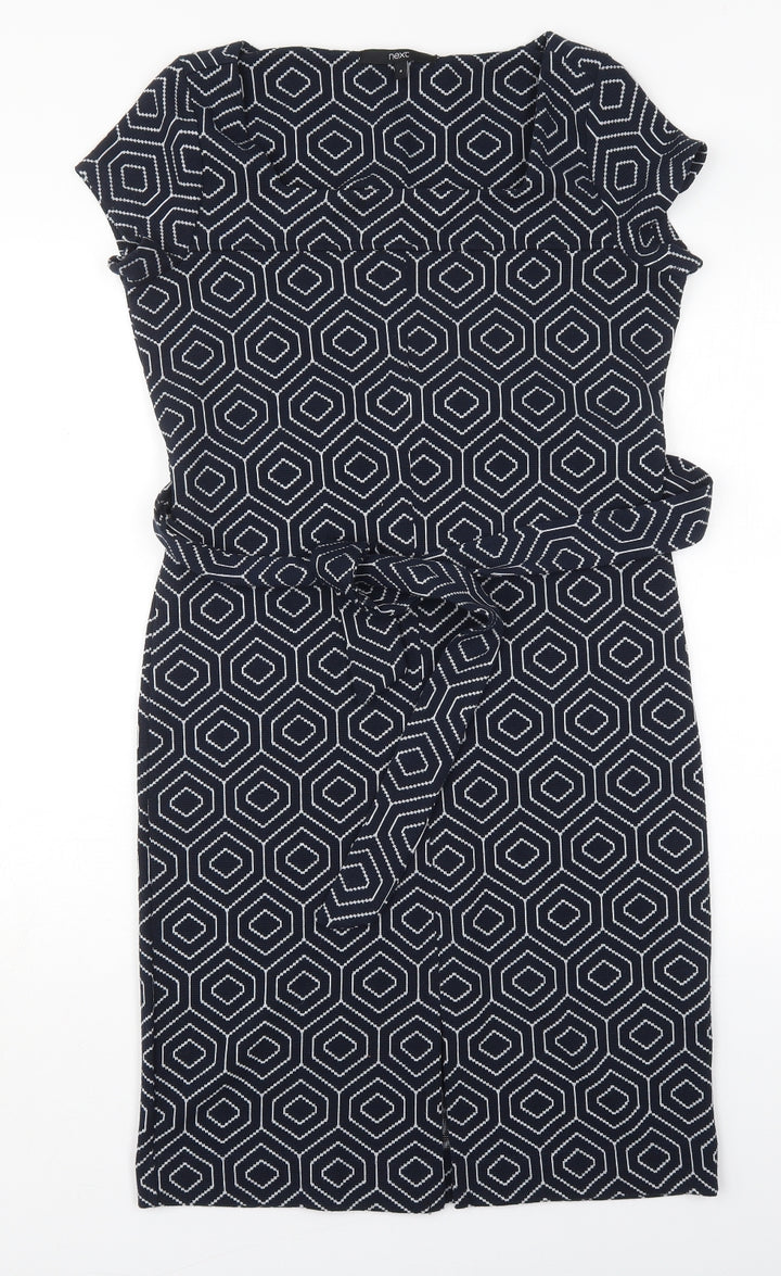 NEXT Womens Blue Geometric Polyester Pencil Dress  Size 8  Square Neck Pullover