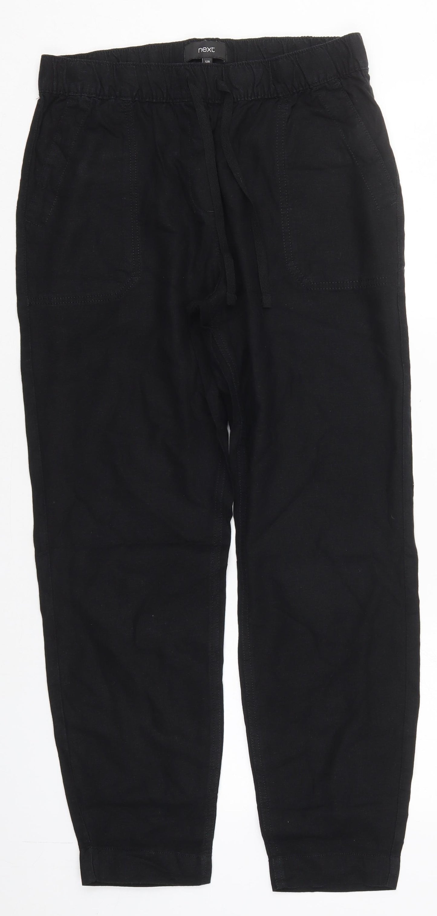 NEXT Womens Black  Linen Trousers  Size 12 L38 in Regular Drawstring