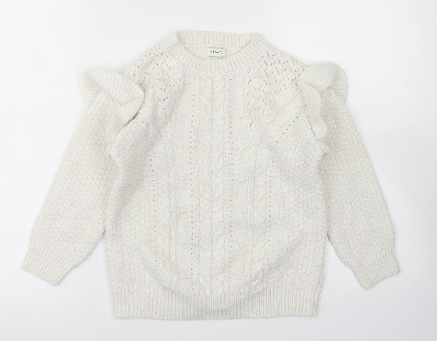 F&F Girls White Crew Neck  Polyester Pullover Jumper Size 7-8 Years