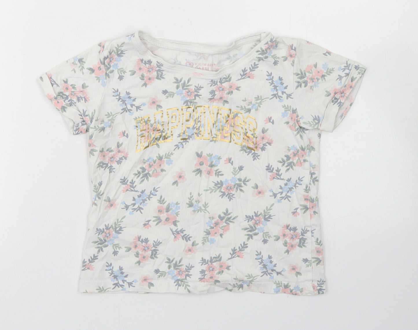 Primark Girls White Floral Cotton Basic T-Shirt Size 7-8 Years Crew Neck  - Happiness