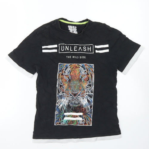 F&F Boys Black  Cotton Basic T-Shirt Size 9-10 Years Crew Neck  - Unleash The Wild Side Tiger