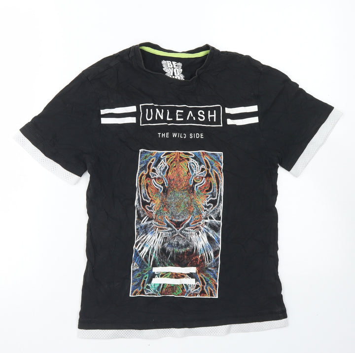 F&F Boys Black  Cotton Basic T-Shirt Size 9-10 Years Crew Neck  - Unleash The Wild Side Tiger