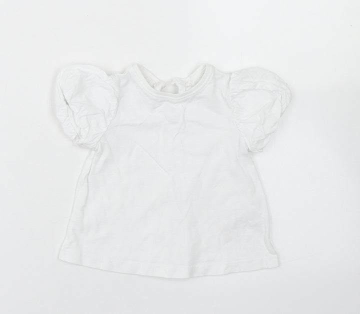 NEXT Girls White Cotton Basic T-Shirt Size 6-9 Months Crew Neck Button - Puff Sleeve