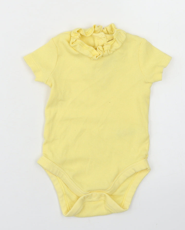 F&F Girls Yellow Cotton Romper One-Piece Size 6-9 Months Snap - Ruffle Neck