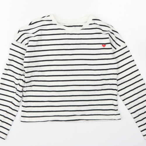 Dunnes Stores Girls White Striped Cotton Pullover Sweatshirt Size 10-11 Years   - Cropped