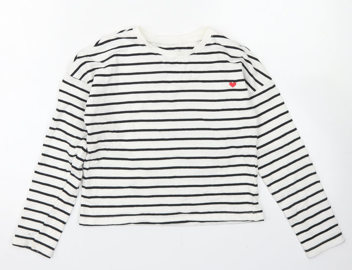 Dunnes Stores Girls White Striped Cotton Pullover Sweatshirt Size 10-11 Years - Cropped