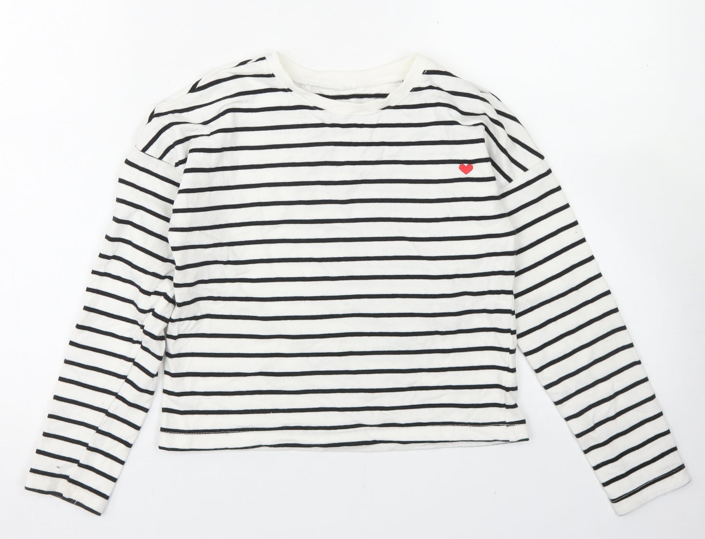 Dunnes Stores Girls White Striped Cotton Pullover Sweatshirt Size 10-11 Years   - Cropped
