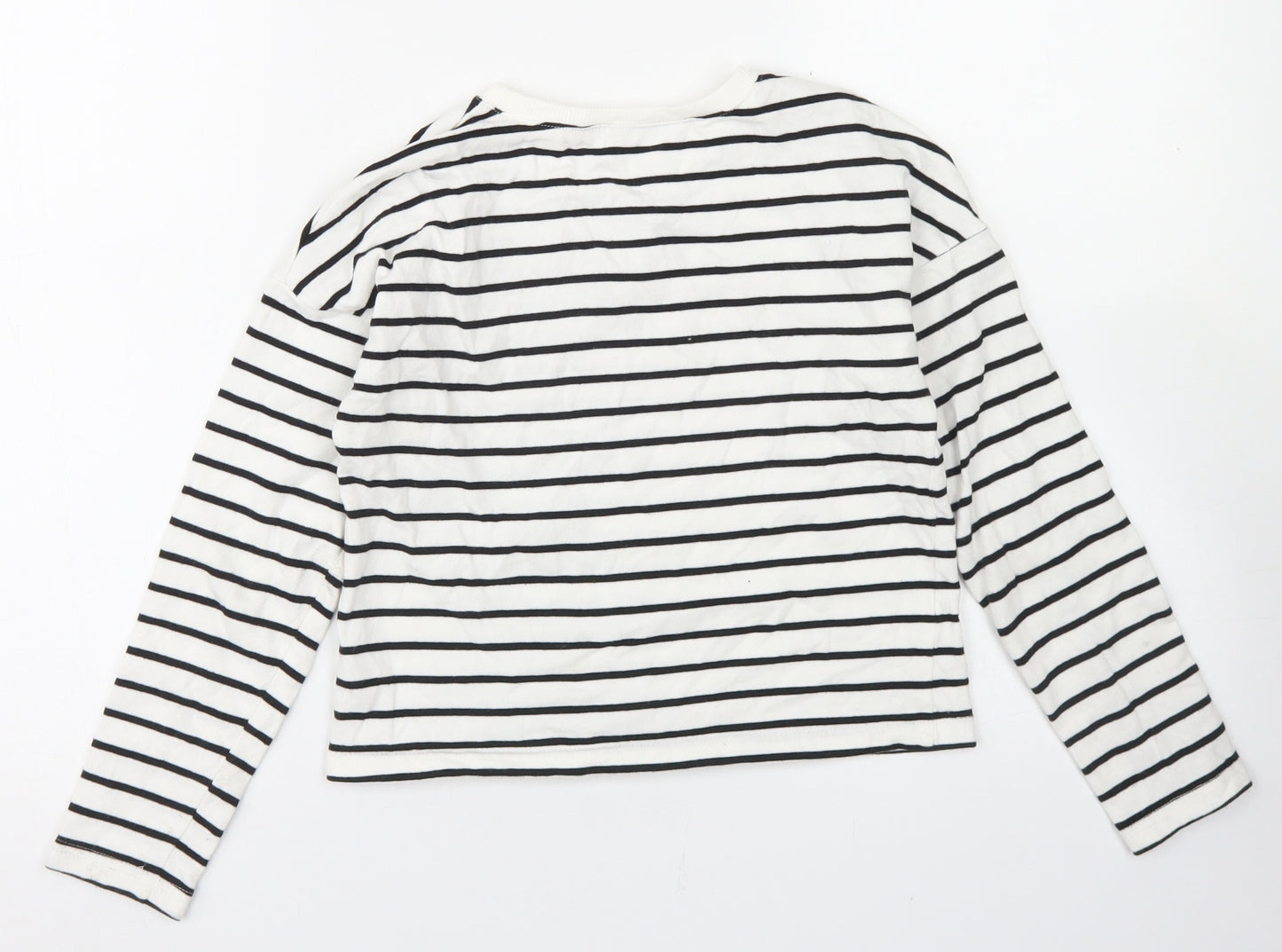 Dunnes Stores Girls White Striped Cotton Pullover Sweatshirt Size 10-11 Years   - Cropped
