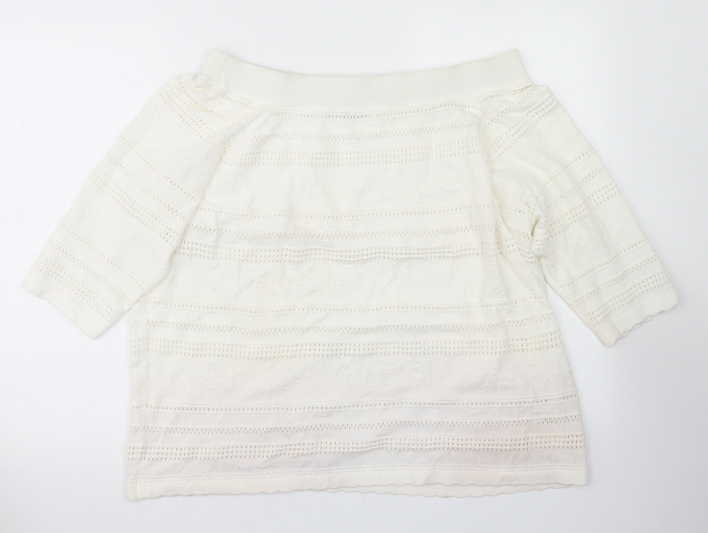TU Womens White Striped Cotton Basic T-Shirt Size 22 Off the Shoulder - Scalloped Edging