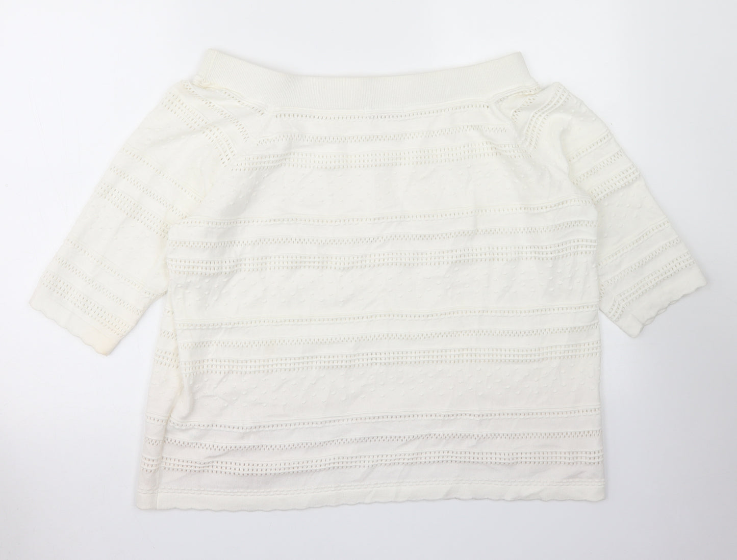 TU Womens White Striped Cotton Basic T-Shirt Size 22 Off the Shoulder - Scalloped Edging