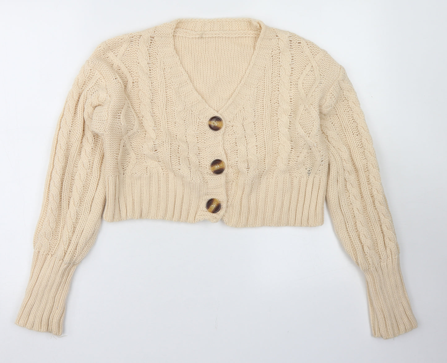 SheIn Womens Ivory V-Neck  Acrylic Cardigan Jumper Size S   - Cropped